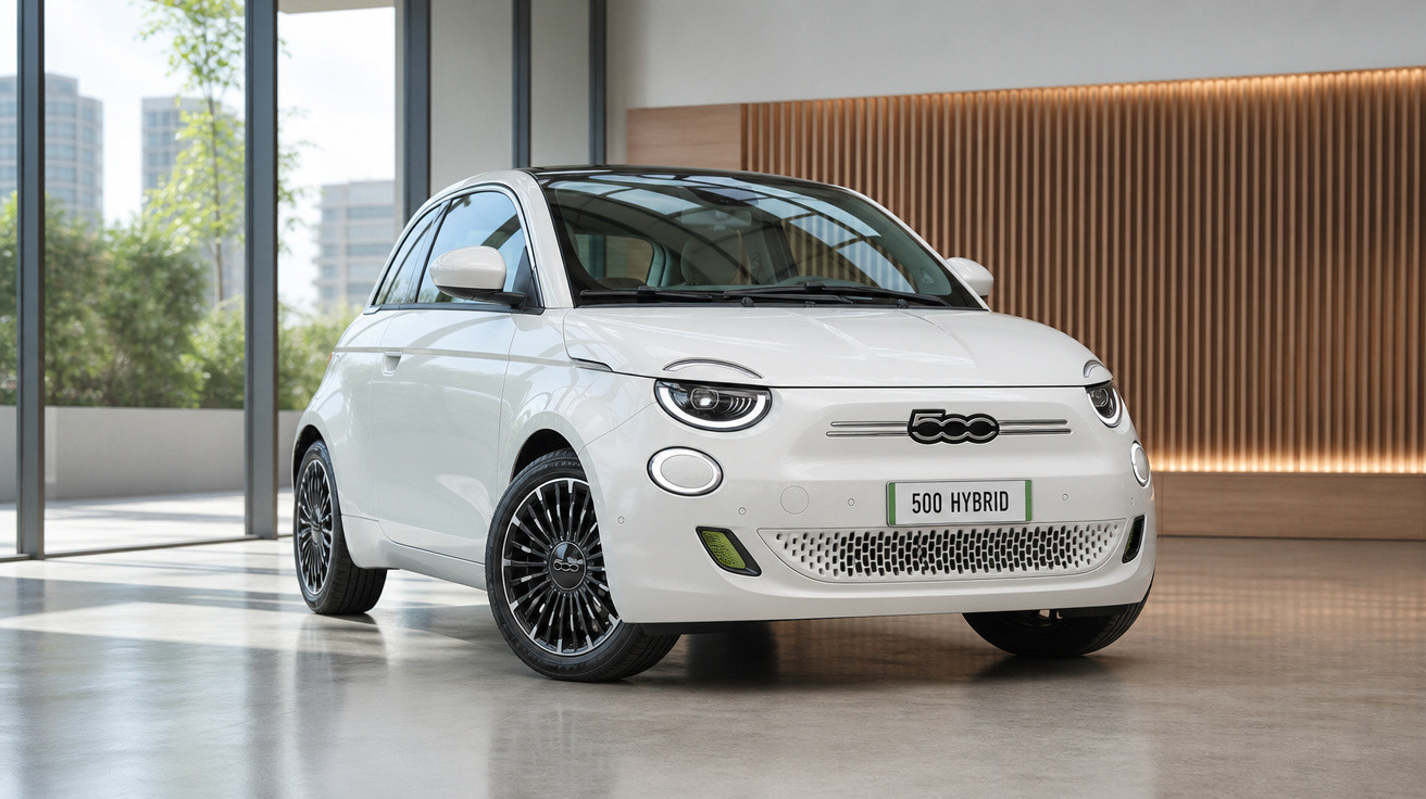 Carro branco Fiat 500 Hybrid estacionado em ambiente interno moderno com iluminação natural.