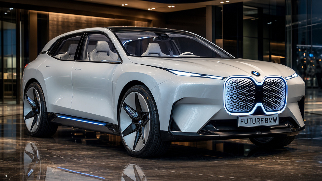 Carro elétrico BMW futurista branco em showroom moderno com luzes de LED no farol e grade dianteira iluminada.