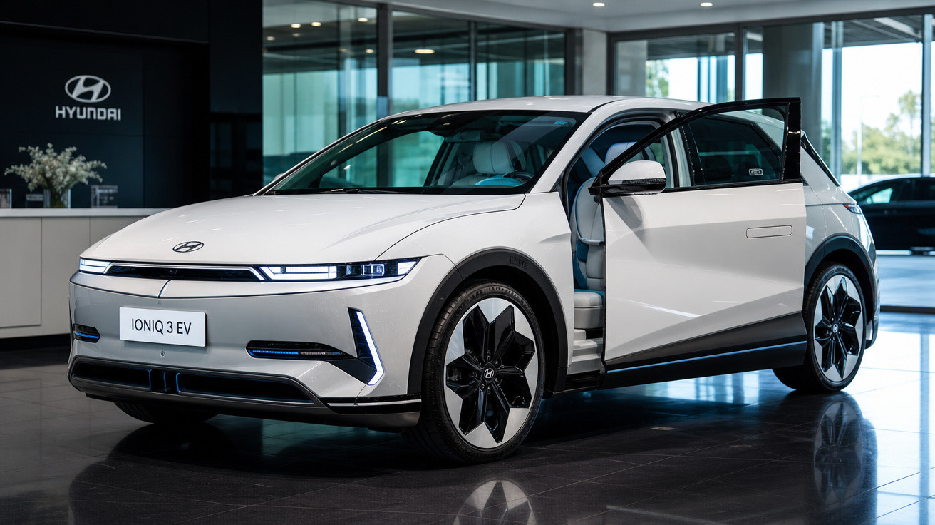 Carro elétrico branco Hyundai Ioniq 3 EV em showroom com porta dianteira aberta.