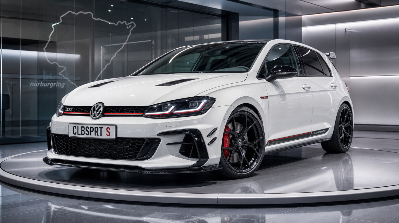 Carro esportivo branco Volkswagen Golf GTI exibido em plataforma giratória moderna.