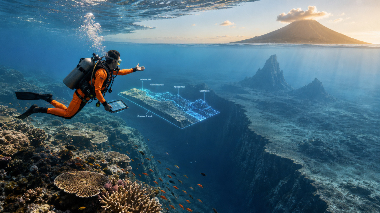 Mergulhador com traje laranja interage com holograma marinho sobre recife e formação submarina, vulcão ao fundo.