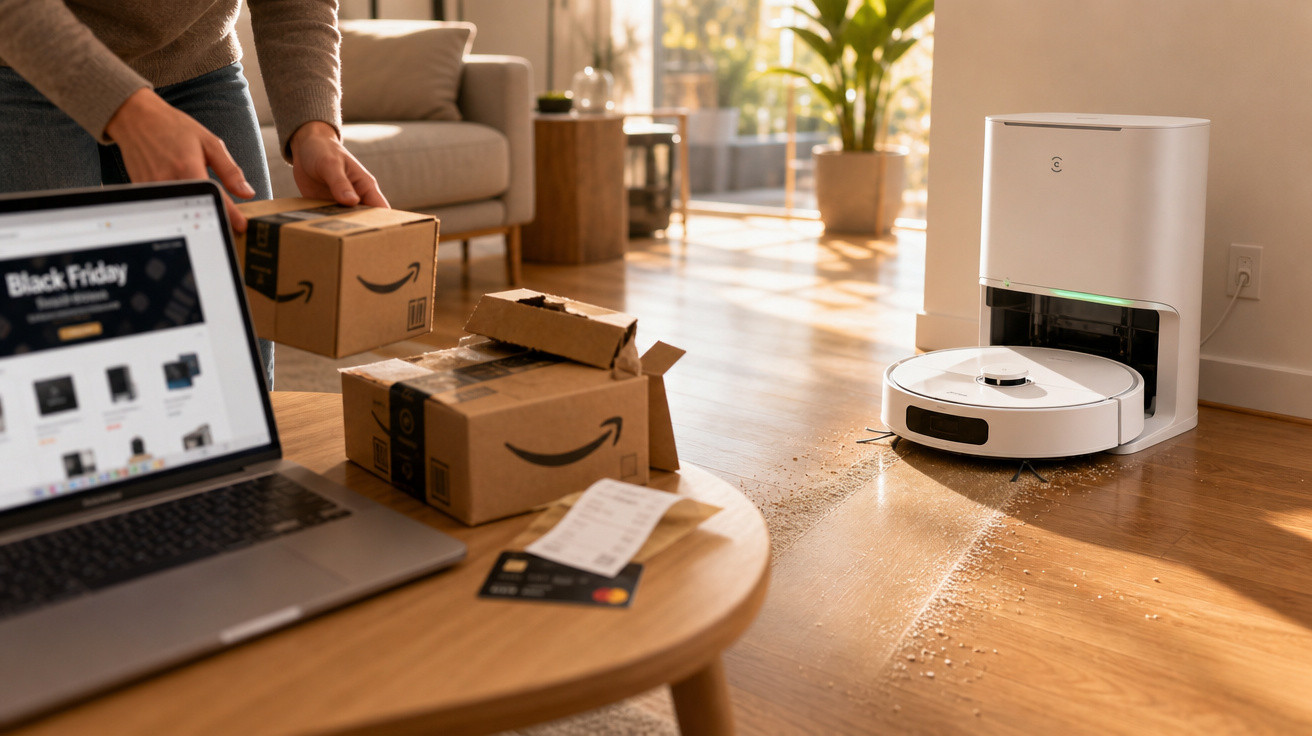 Robô aspirador limpando o chão próximo a caixas da Amazon e um laptop com site de Black Friday aberto.