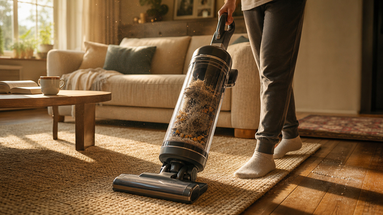 Pessoa usando aspirador vertical para limpar tapete em sala iluminada com sofá, mesa e xícara.