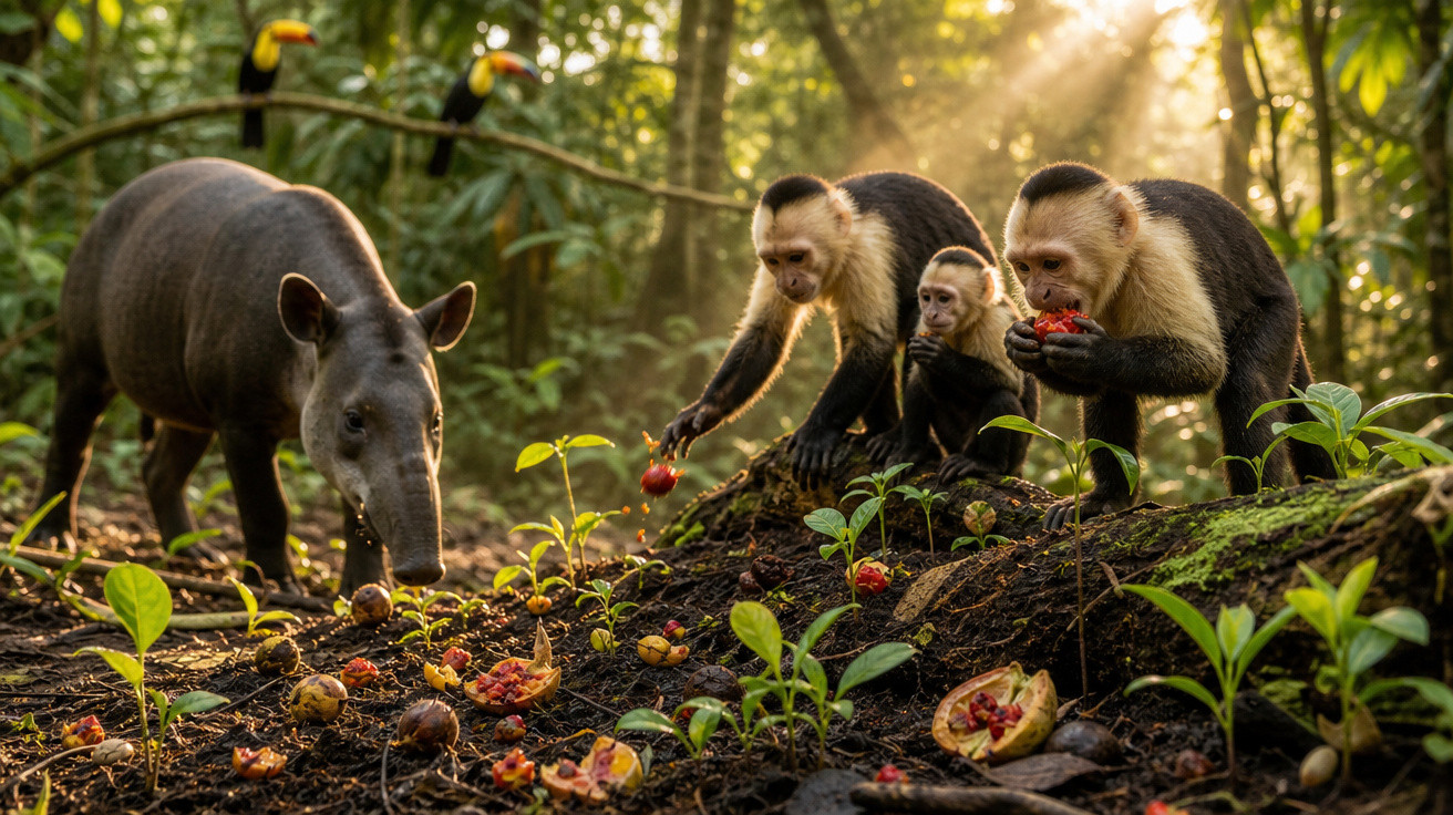 Tapires e macacos-prego coletando frutas no solo de uma floresta iluminada pelo sol.