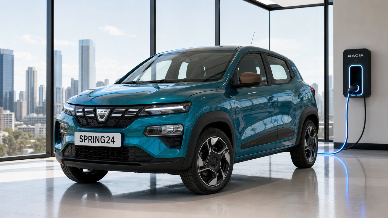 Carro elétrico azul Dacia Spring 2024 carregando na parede em loja com janelas e vista para cidade.