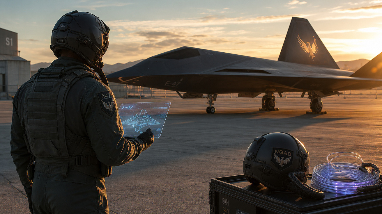 Piloto militar com capacete e tablet holográfico observa caça furtivo F-47 em hangar ao pôr do sol.