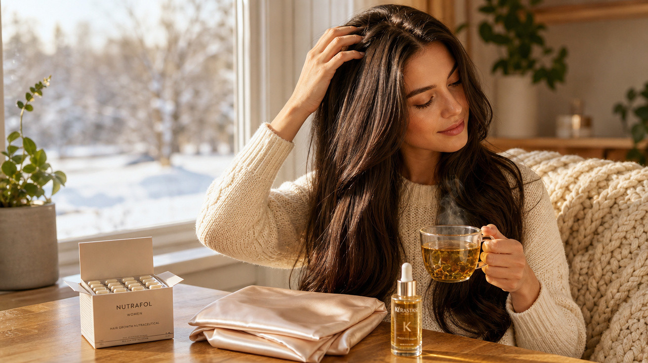 Mulher com cabelo longo tomando chá perto da janela com produtos de cuidado capilar na mesa.
