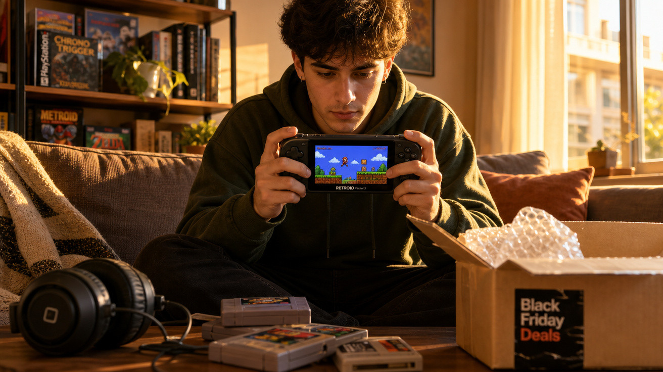 Jovem sentado no sofá jogando videogame retrô portátil com caixas e jogos ao redor, luz do sol entrando.