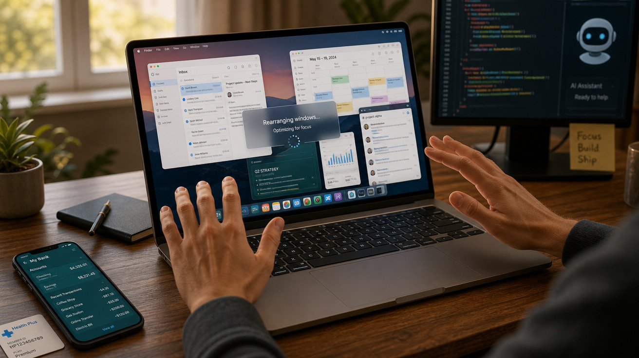 Pessoa usando laptop com tela mostrando agenda, emails e gráficos, ao lado de celular e cartão de saúde sobre mesa de madeira