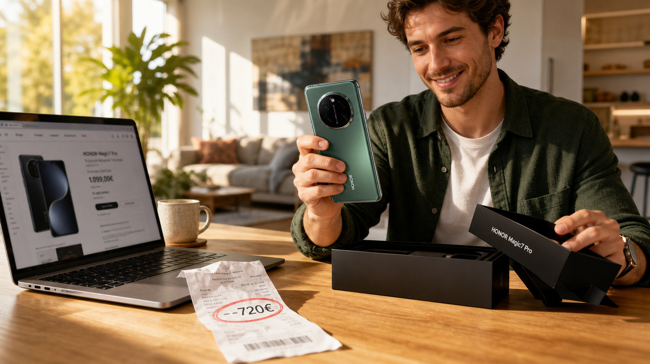 Homem sorrindo enquanto segura smartphone verde ao abrir caixa do Honor Magic7 Pro em mesa com laptop e cupom de desconto.