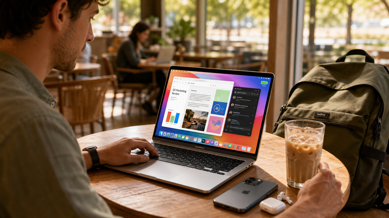 Homem trabalhando em laptop com gráfico, celular e café gelado em mesa de cafeteria iluminada.