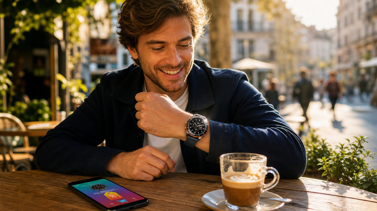 Homem sorridente olhando para relógio inteligente no pulso com café e celular à mesa ao ar livre.