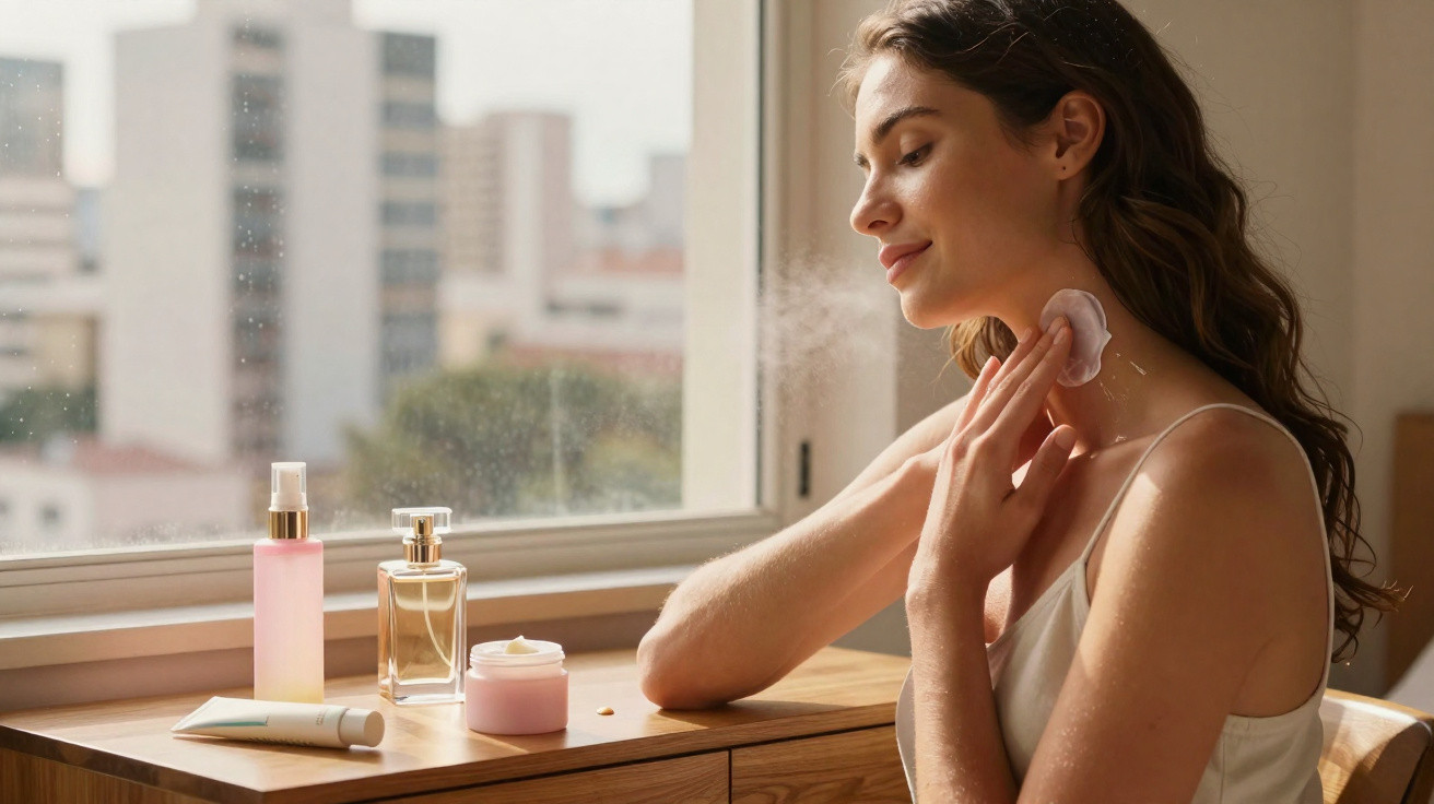 Mulher aplica perfume no pescoço com cosméticos sobre móvel ao lado de janela em ambiente iluminado.