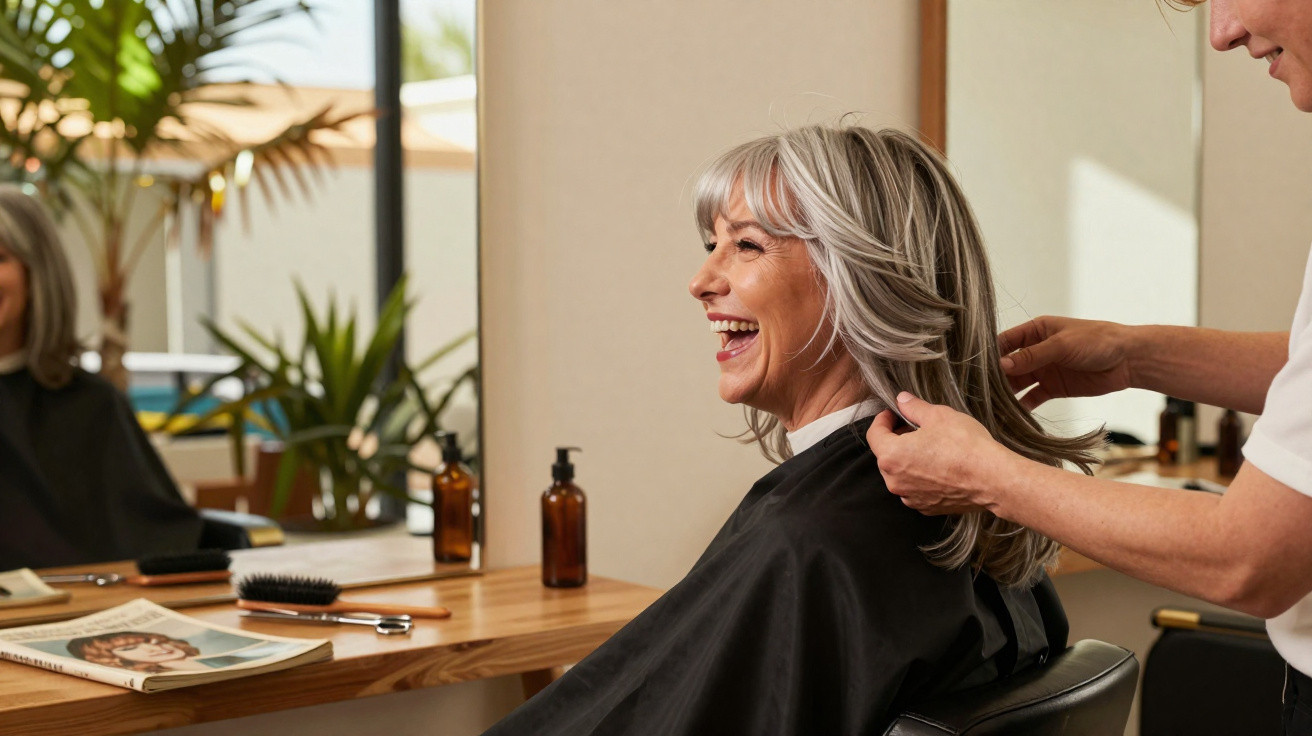 Mulher sorrindo ao experimentar corte de cabelo em salão, com cabeleireiro ajustando seus fios.