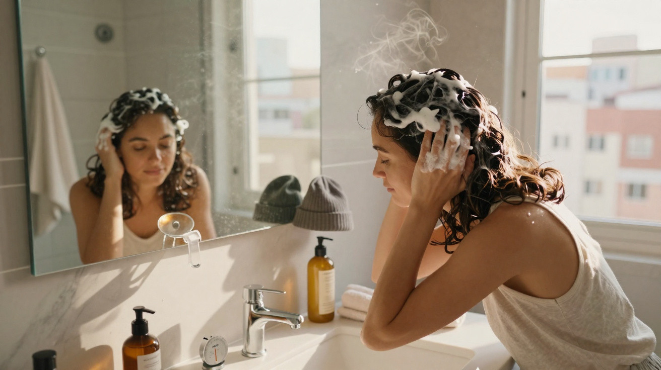 Mulher lavando o cabelo com espuma em banheiro iluminado pela luz natural.