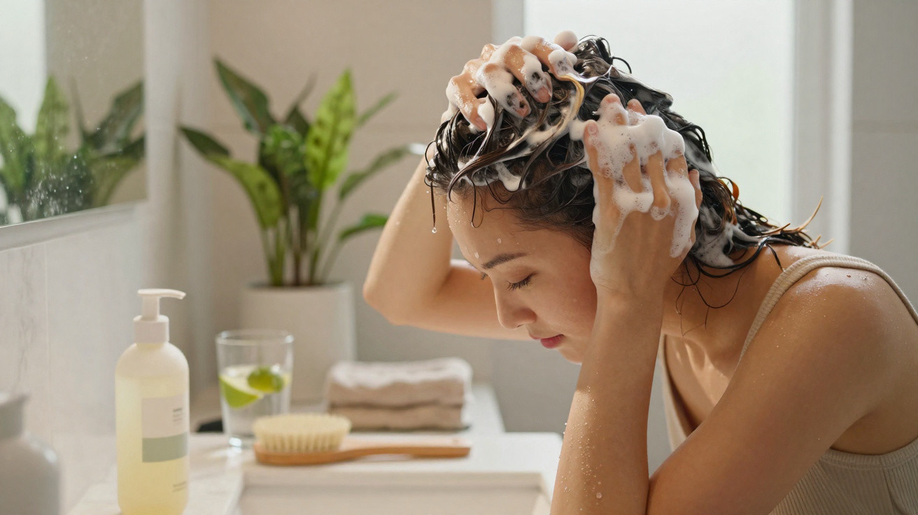 Mulher lavando o cabelo com shampoo, com espuma, em banheiro iluminado e plantas ao fundo.