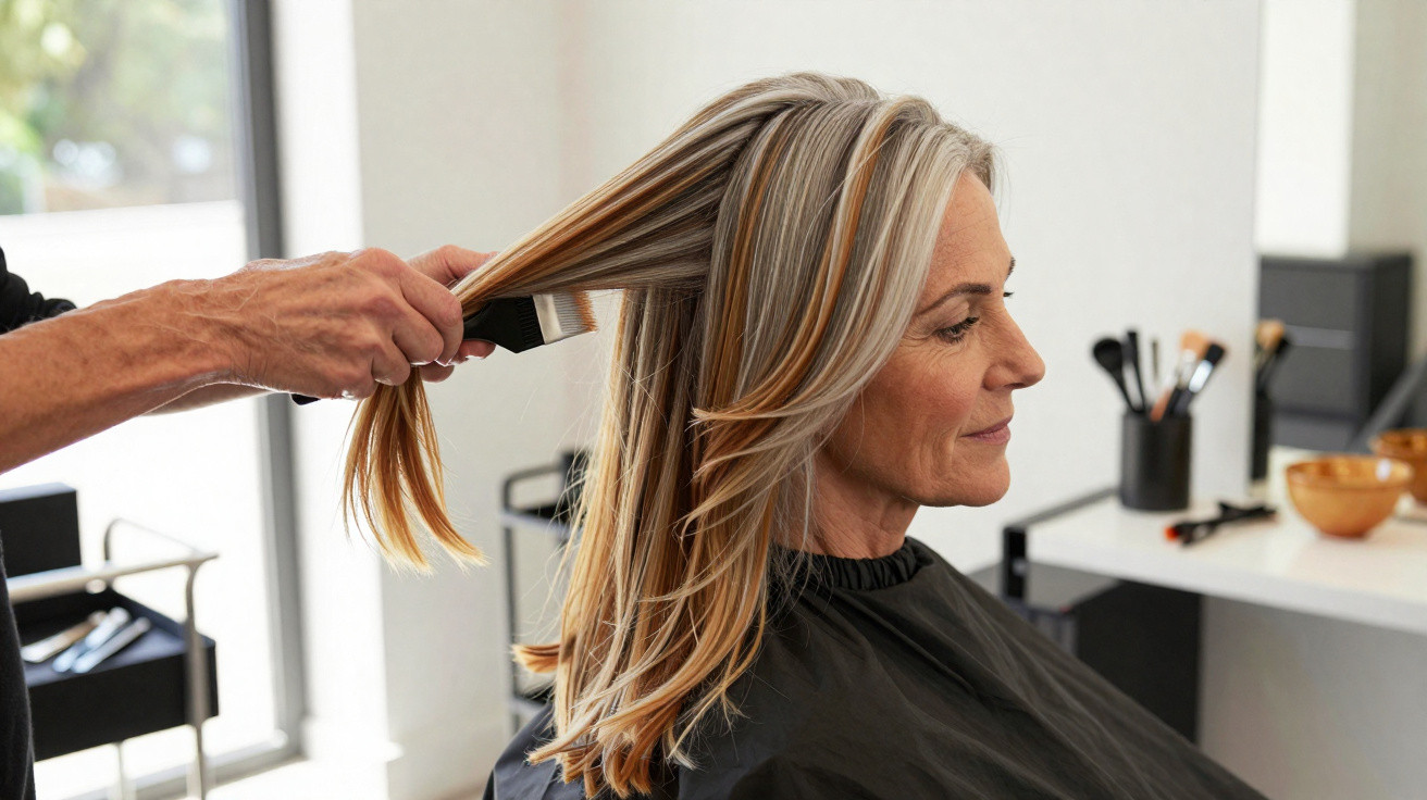 Mulher loira com cabelos longos sendo penteada por profissional em salão moderno.