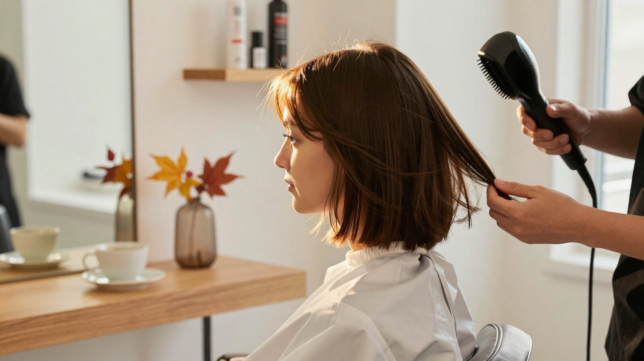 Mulher com cabelo curto sendo seca com secador em salão de beleza iluminado naturalmente.