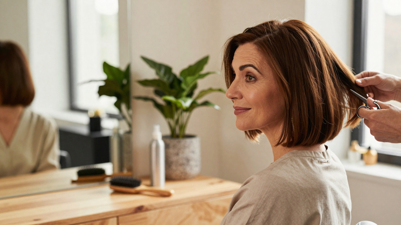 Mulher sorridente cortando cabelo curto em salão moderno com espelho e planta ao fundo.
