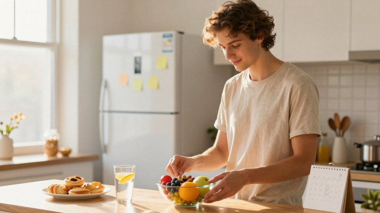 Jovem preparando uma tigela de frutas frescas em cozinha iluminada pela manhã.