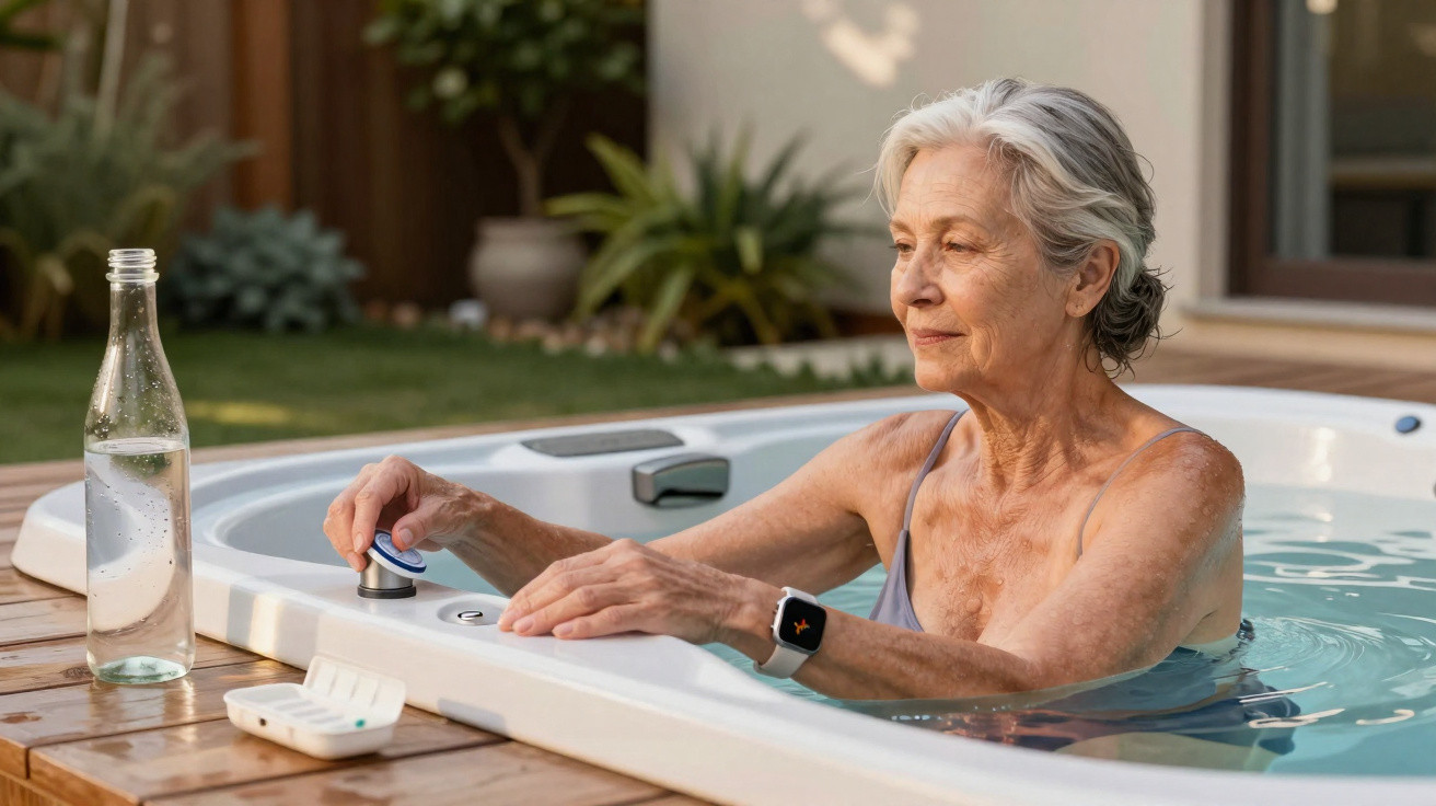 Mulher idosa relaxando em jacuzzi ao ar livre, usando relógio inteligente e segurando botão.