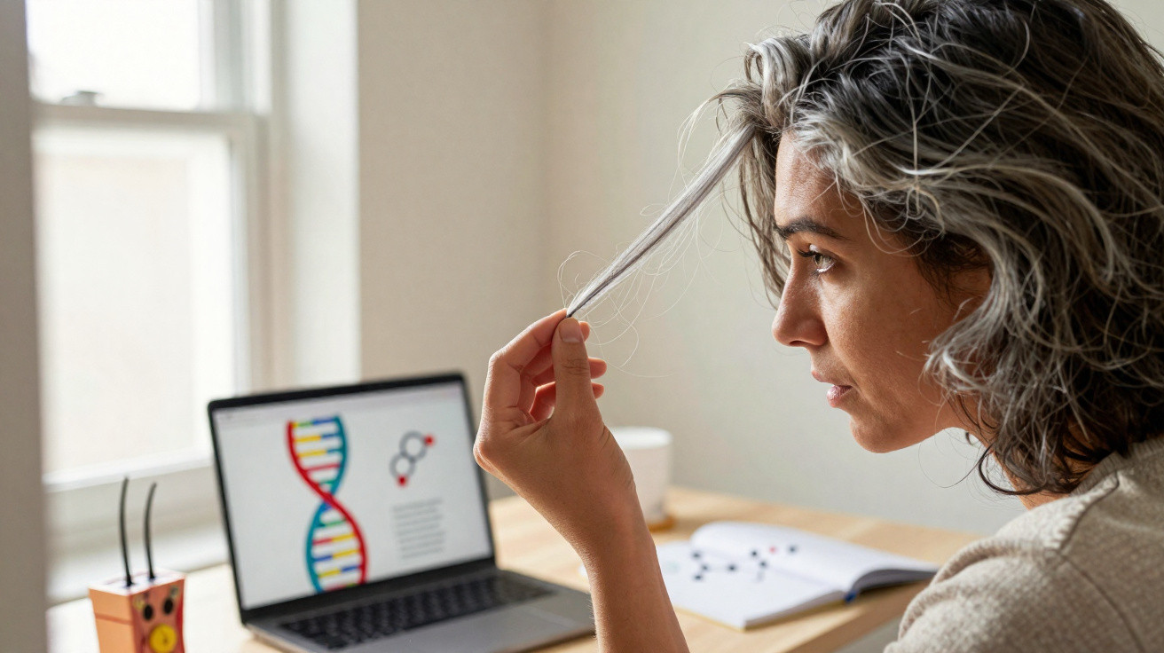 Mulher analisando fios de cabelo sentada frente a notebook com imagem de DNA na tela em ambiente interno.