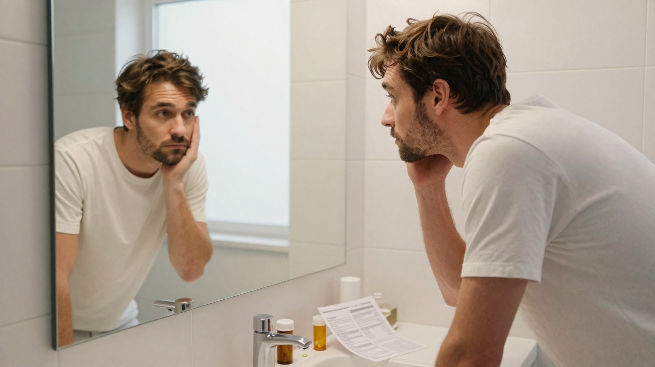 Homem olhando no espelho do banheiro com expressão pensativa, apoiando o rosto na mão.