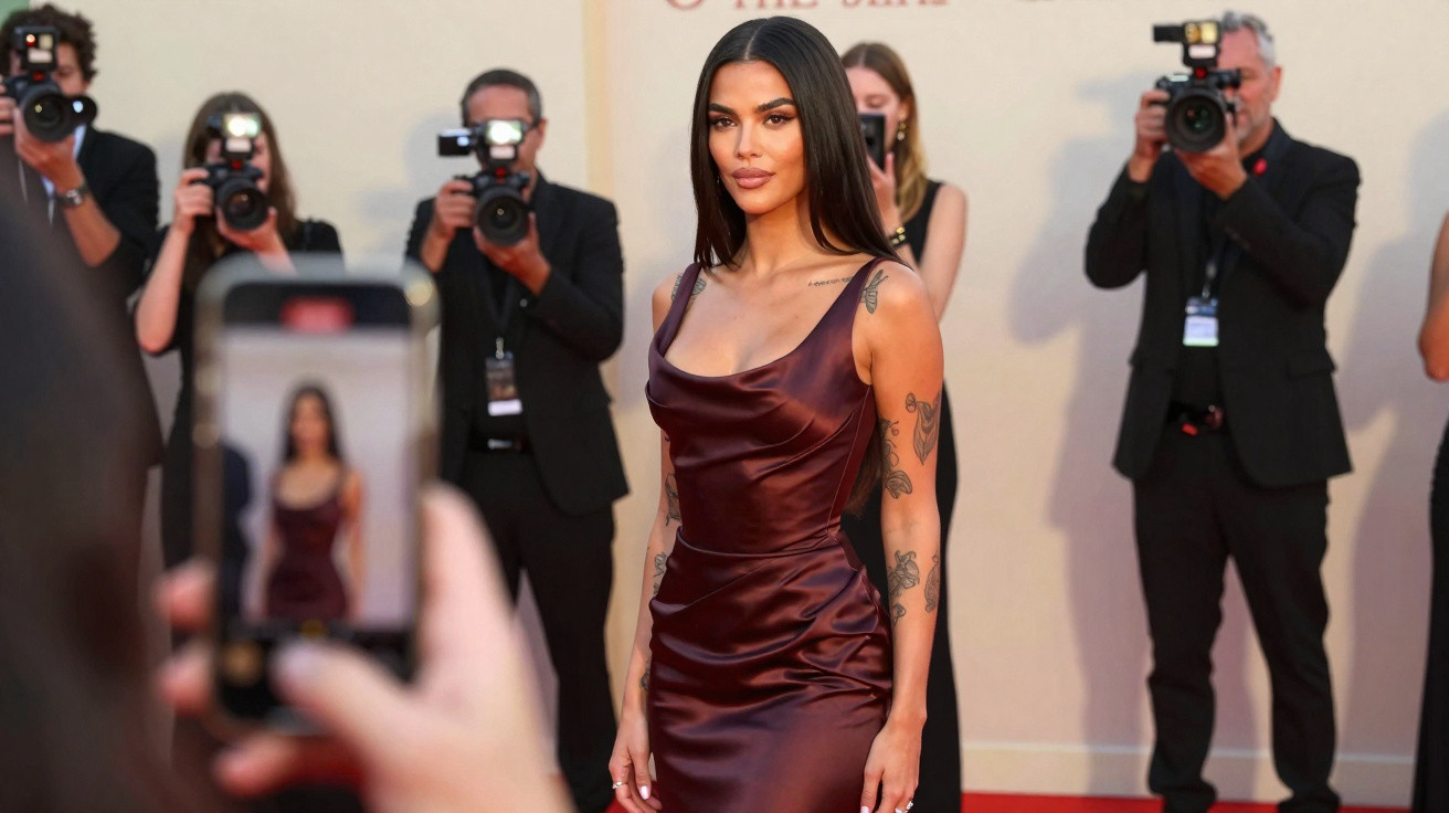 Mulher de vestido vinho satinado posando para fotos em tapete vermelho com fotógrafos ao fundo.