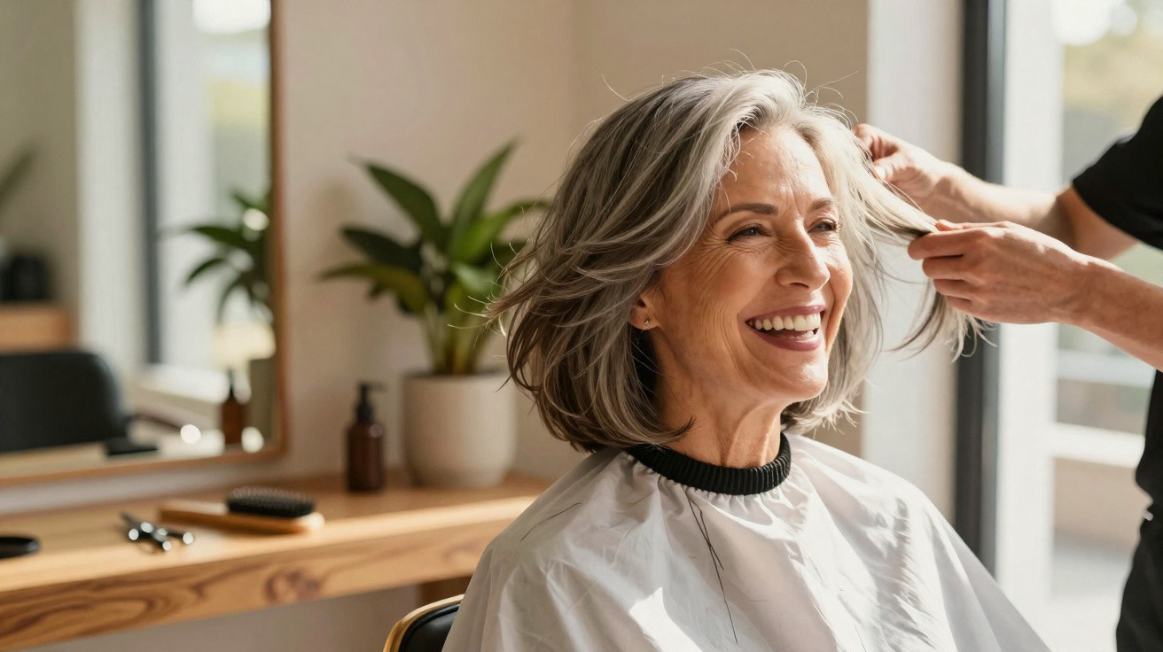 Mulher idosa sorridente recebendo corte de cabelo em salão de beleza iluminado, com plantas ao fundo.
