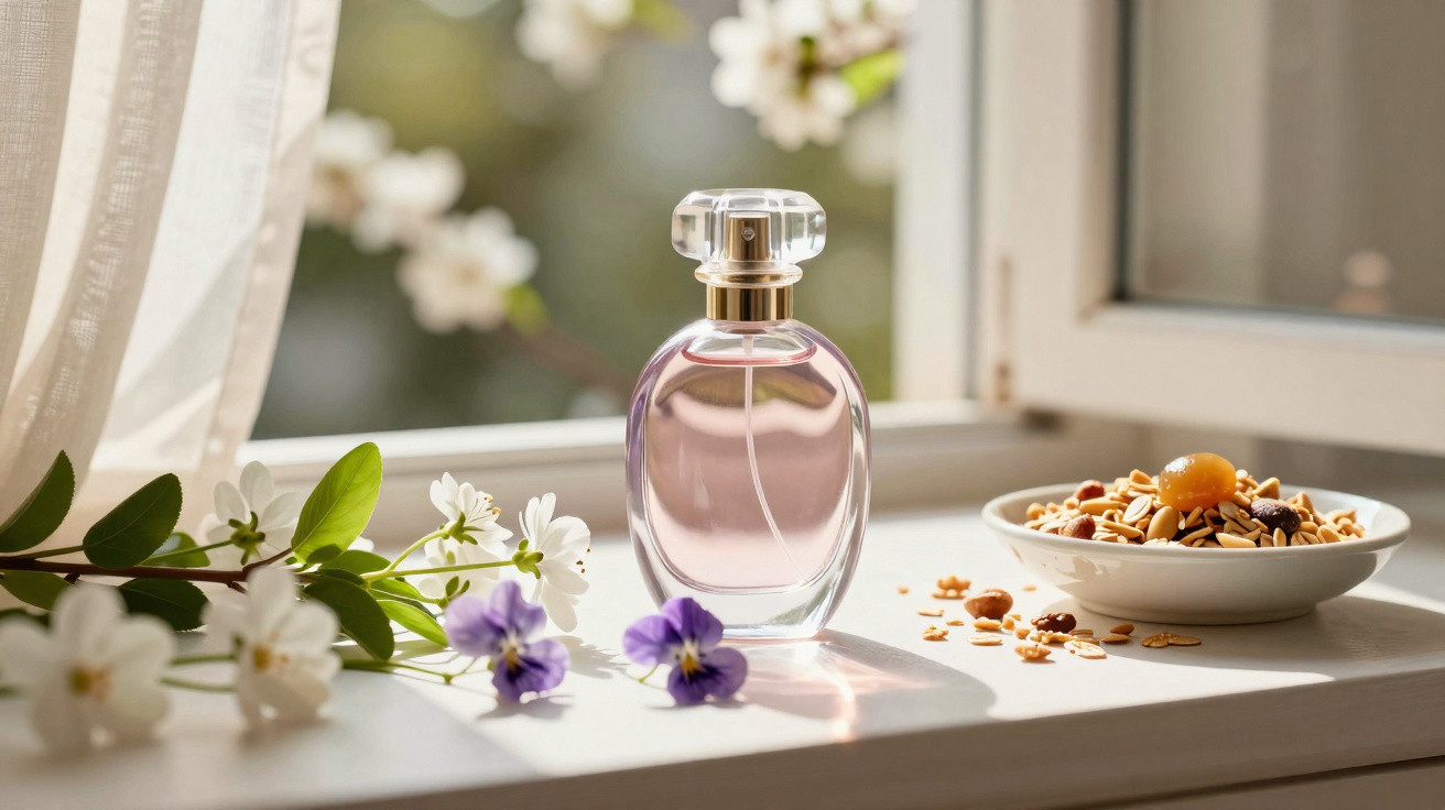 Frasco de perfume rosa ao lado de flores e tigela com mix de sementes em parapeito iluminado pela janela aberta.