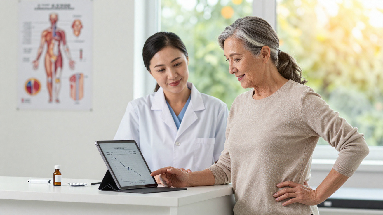 Médica orientando paciente idosa sobre resultados exibidos em tablet em consultório com gráfico em queda.