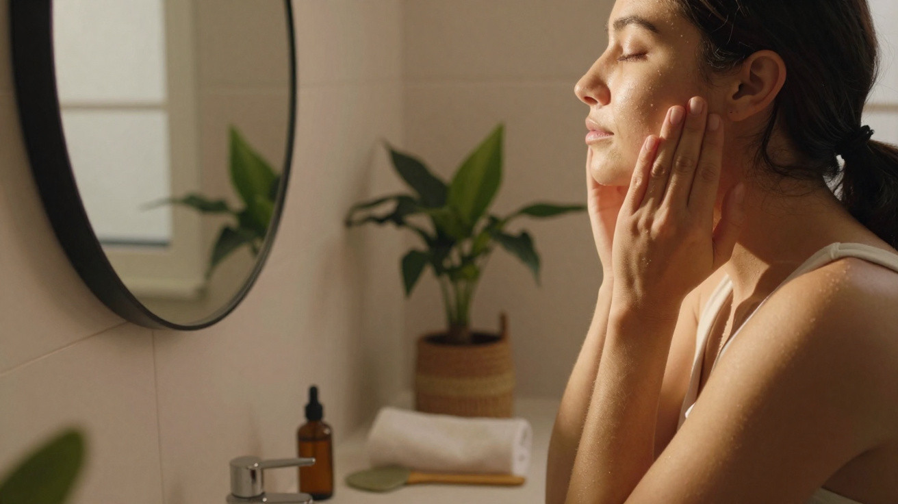 Mulher aplicando creme facial perto do espelho em banheiro com planta e toalha ao fundo.