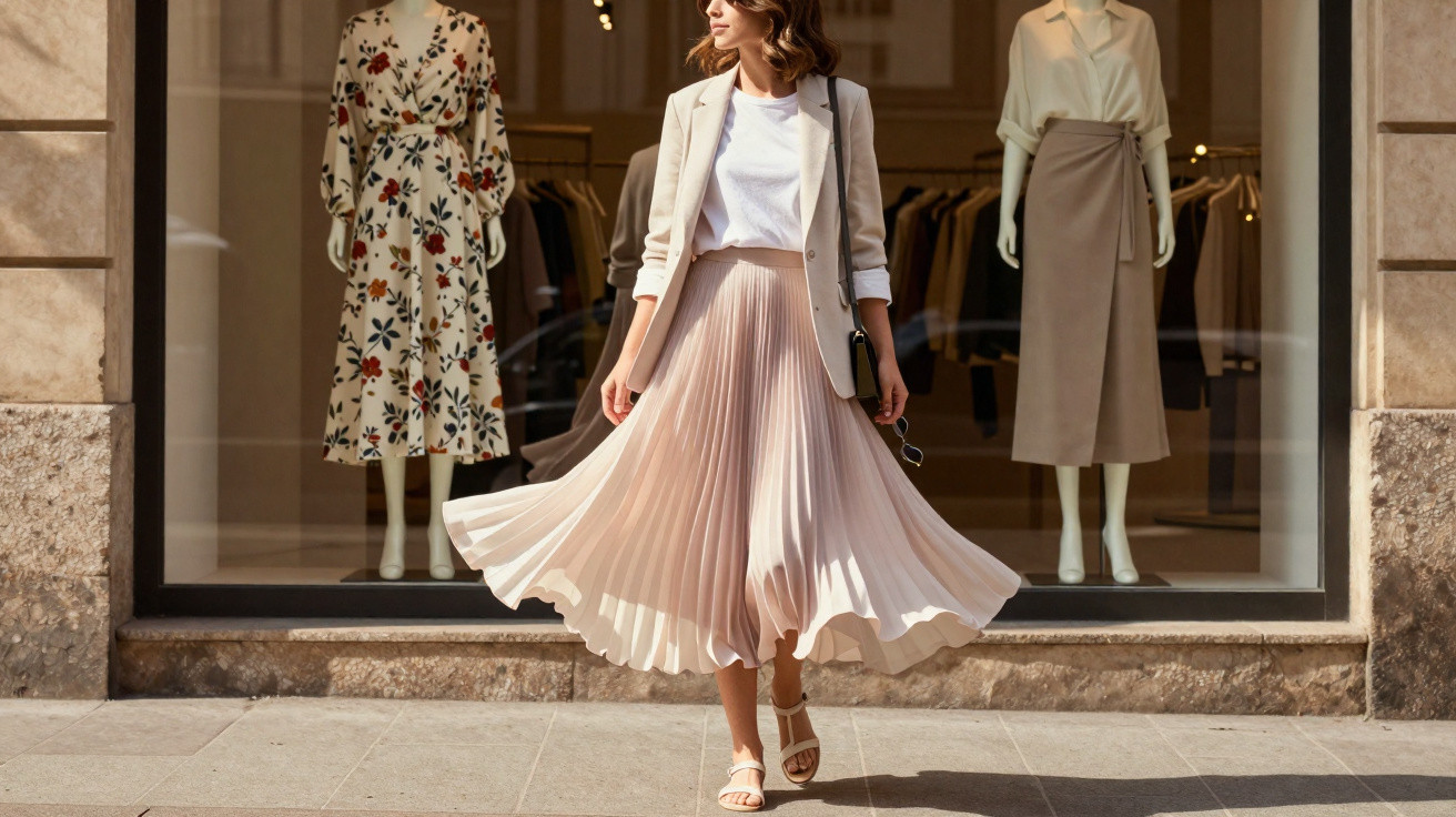 Mulher com saia plissada clara, camiseta branca e blazer bege caminhando em frente à vitrine de loja de roupas.