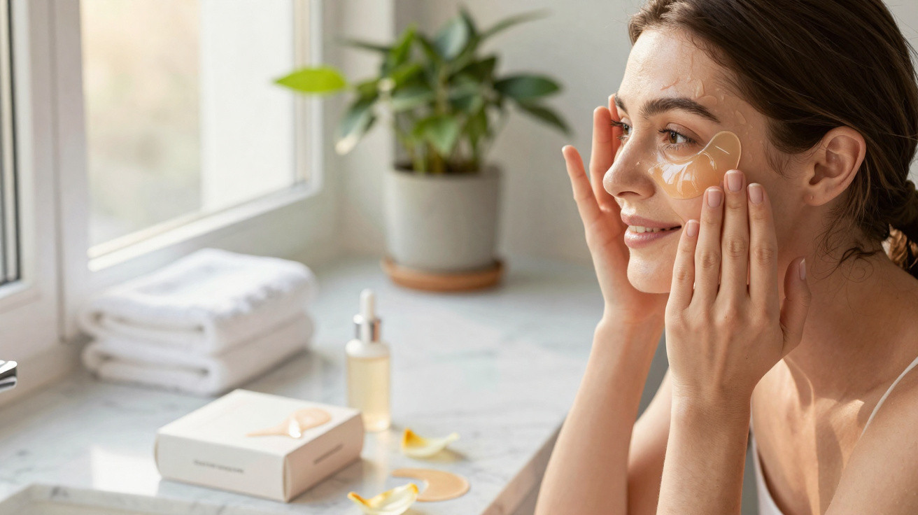Mulher aplicando máscara facial em ambiente iluminado, com toalhas e plantas ao fundo.