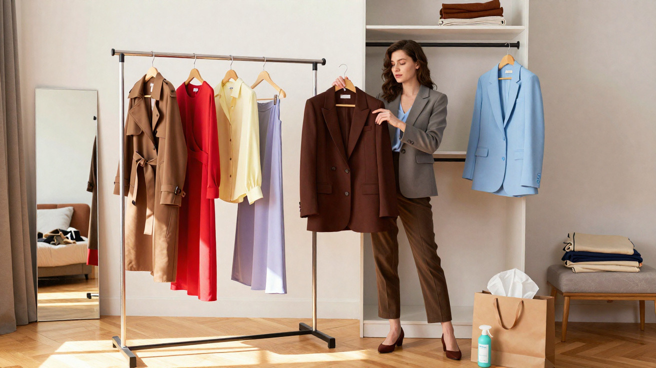 Mulher escolhendo blazer marrom em closet minimalista com roupas penduradas e espelho.