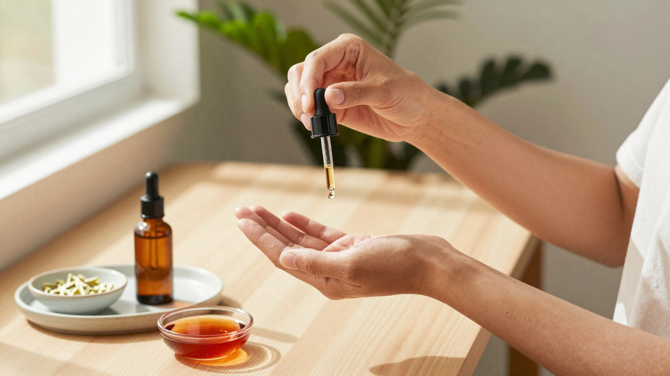Pessoa segurando conta-gotas para aplicar óleo essencial nas mãos, sobre mesa com plantas e frascos.