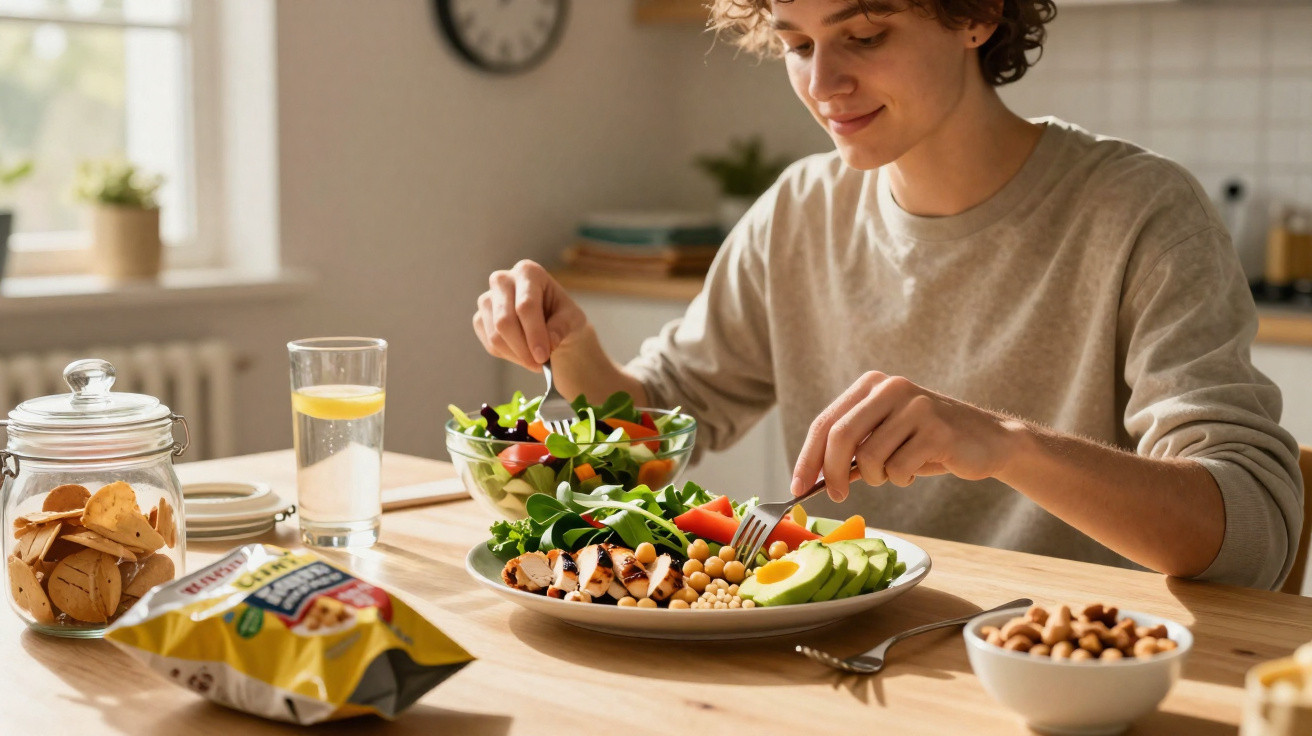Pessoa jovem sentada à mesa com prato de salada saudável e legumes, bebida e petiscos ao redor.