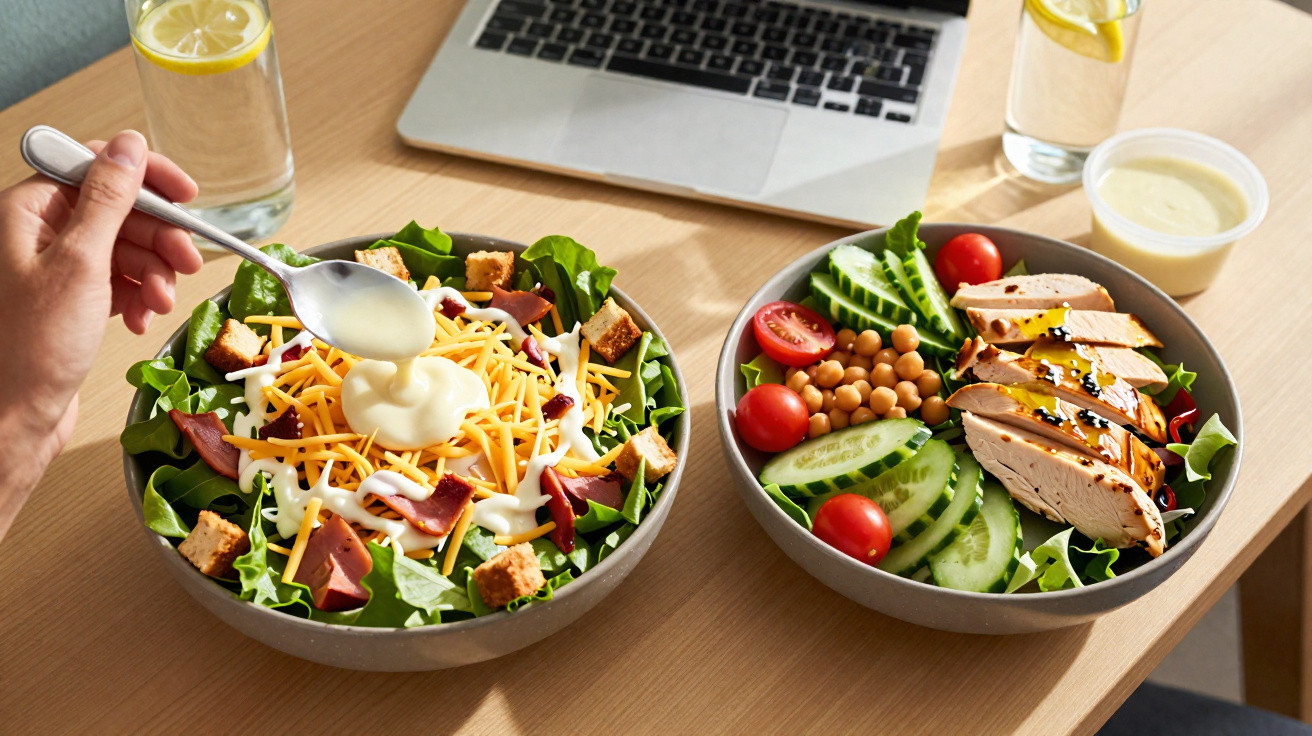 Duas tigelas com saladas frescas, uma com molho sendo servido, ao lado de um laptop sobre mesa de madeira.