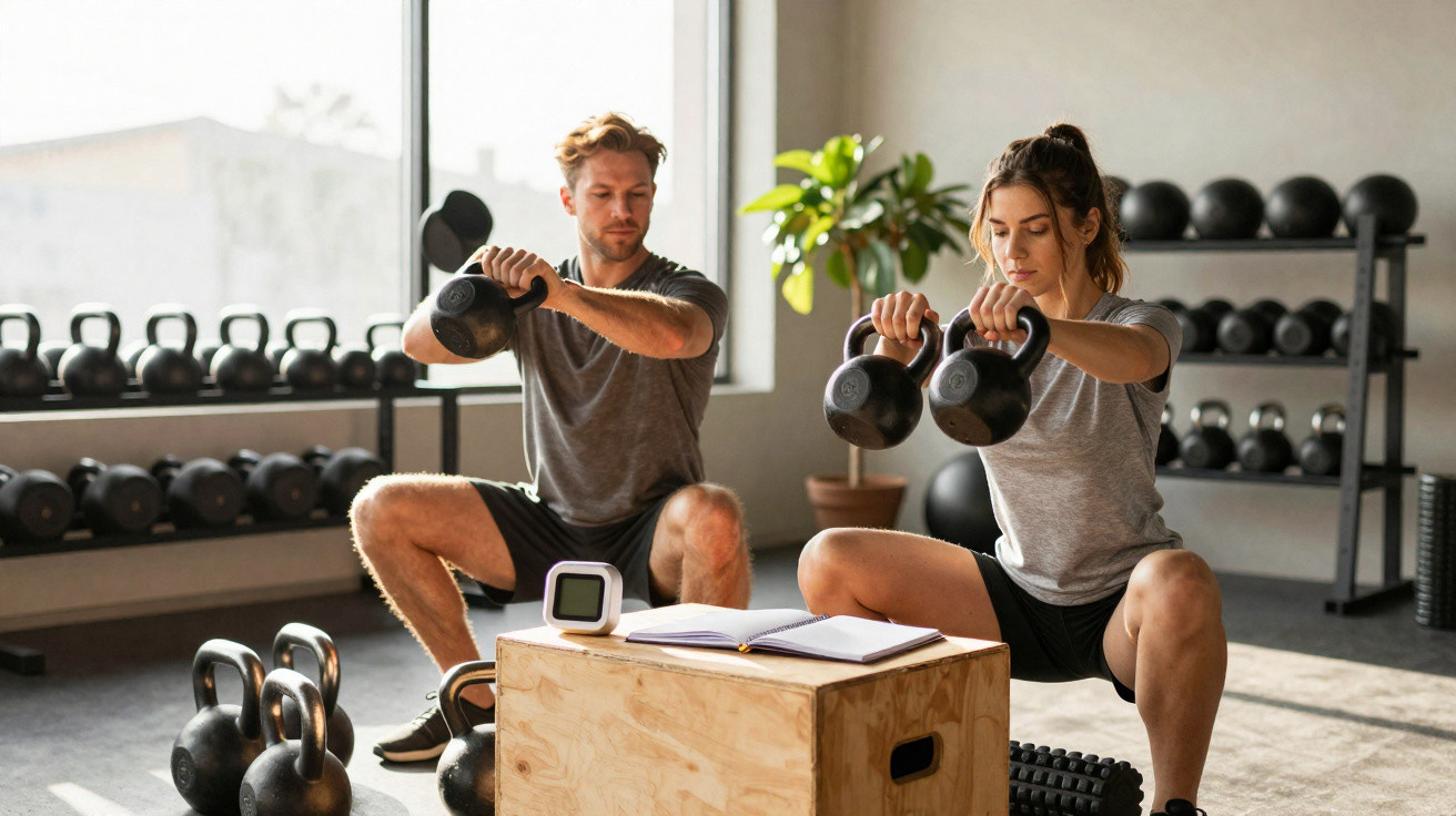 Casal exercitando com kettlebells em academia iluminada, ao lado de caixa de madeira com livro aberto.