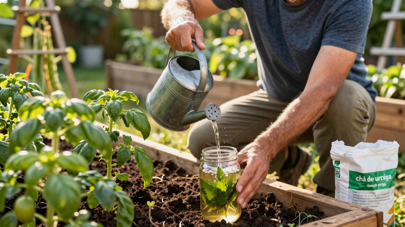 Pessoa regando plantas com regador e preparando chá de urtiga em jardim com plantações em canteiro.