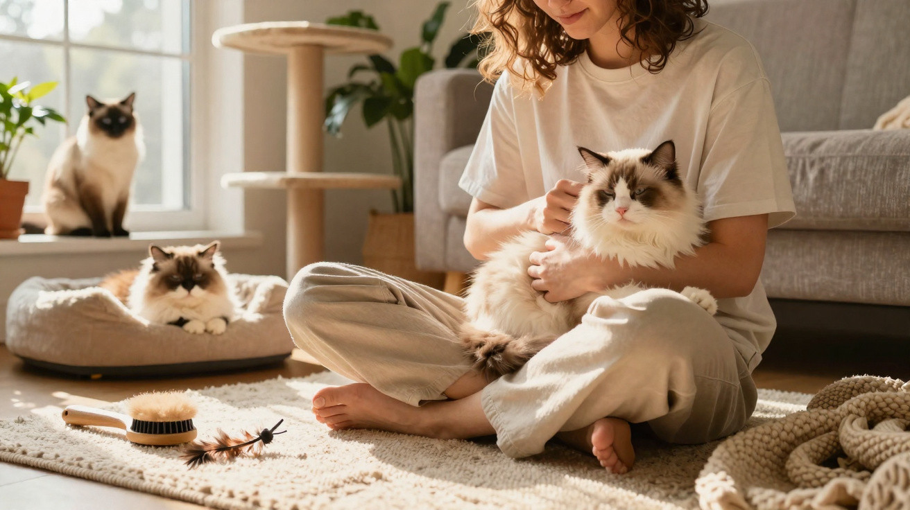 Pessoa sentada no chão acariciando gato branco com manchas marrom em sala iluminada com dois gatos ao fundo.