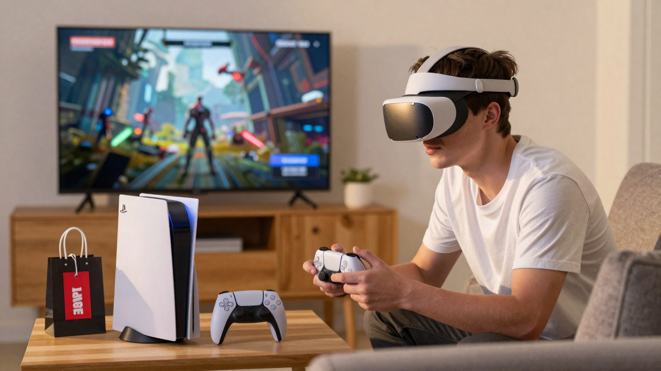 Jovem usando óculos de realidade virtual enquanto joga videogame, com controle e console PlayStation na mesa.