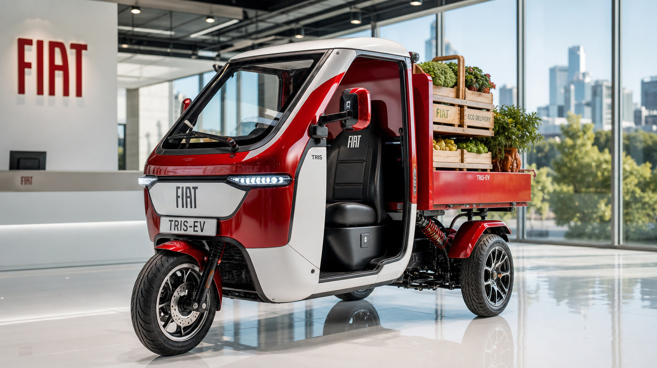 Veículo elétrico compacto Fiat Tris-EV em exposição com carga de frutas e vegetais em ambiente moderno.