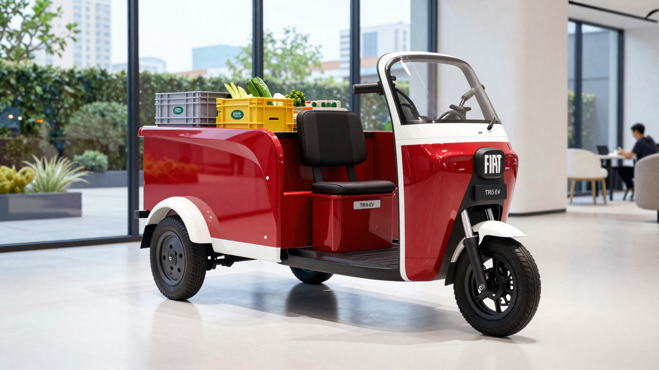 Triciclo elétrico vermelho da Fiat com banco preto e caixa de transporte com frutas e legumes.