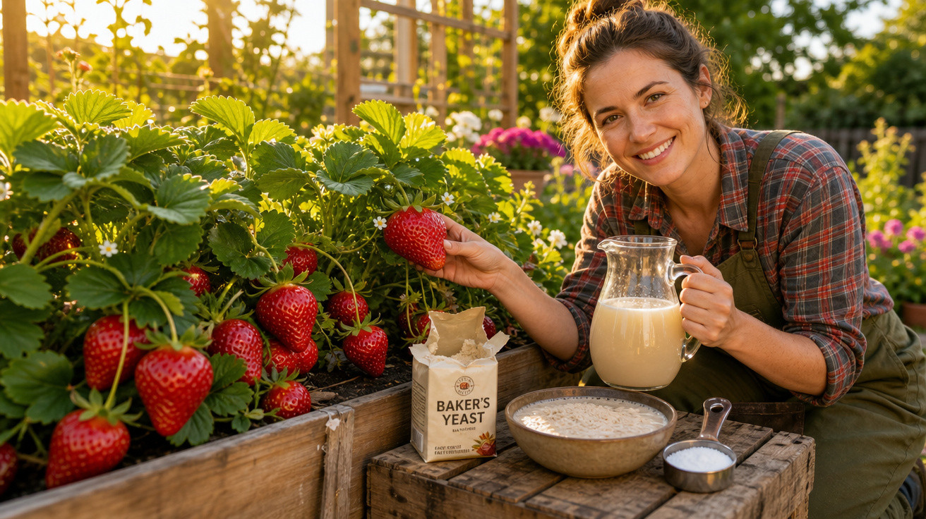Mulher sorridente segurando morango fresca em horta com ingredientes para receita sobre caixa de madeira.