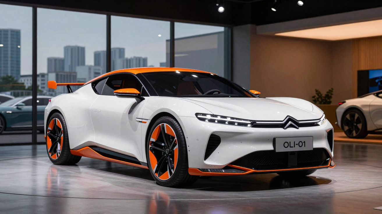 Carro esportivo branco e laranja Citroën OLI-01 em exposição dentro de showroom moderno.