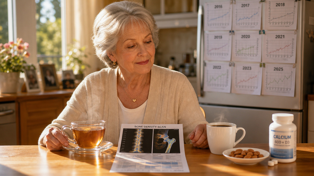 Mulher idosa segurando exame de densidade óssea, com chá, café, amêndoas e suplemento de cálcio na mesa.