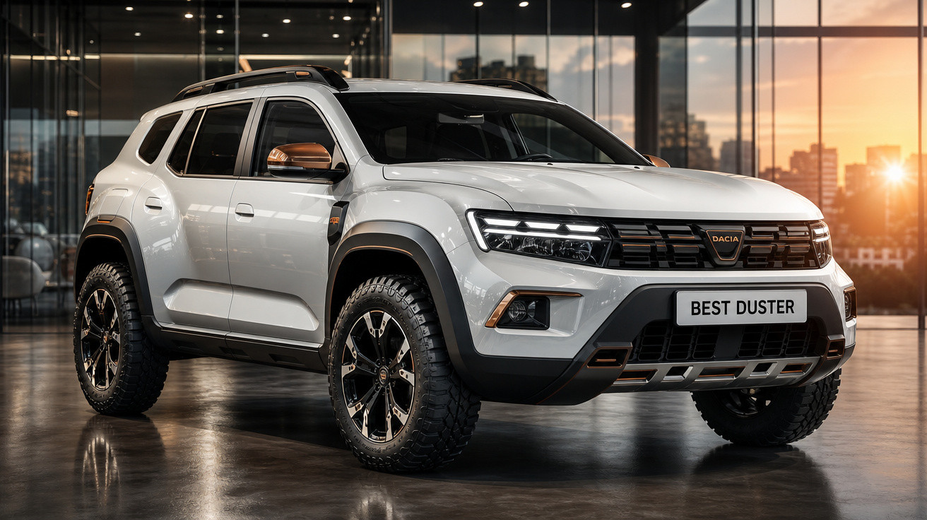 SUV branco Dacia Best Duster estacionado em ambiente interno moderno com vidro e sol poente ao fundo.