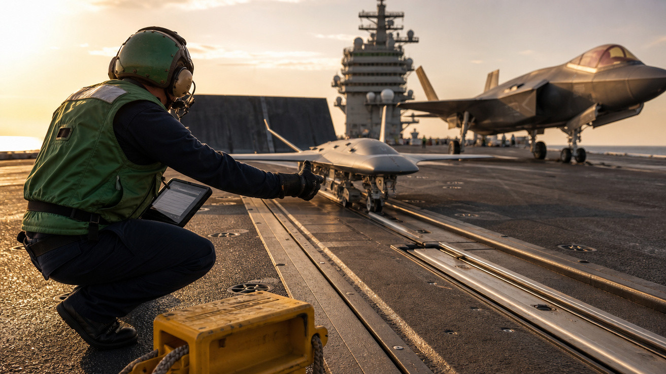 Operador militar com tablet controla drone em convés de navio com caça ao fundo durante pôr do sol.
