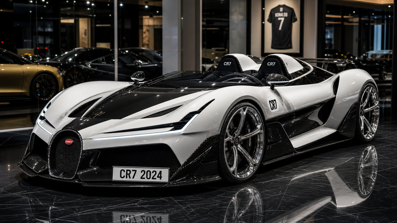 Carro esportivo Bugatti CR7 2024 branco e preto em exposição, interior ao fundo com camisa do Ronaldo número 7.